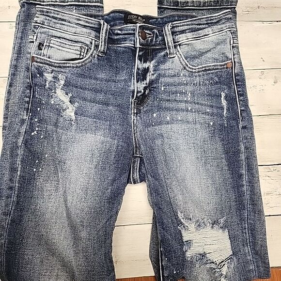 Judy Blue Boyfriend Fit Midrise Jeans Distressed Splatter Ripped Stretchy Sz7/28 - Picture 9 of 15